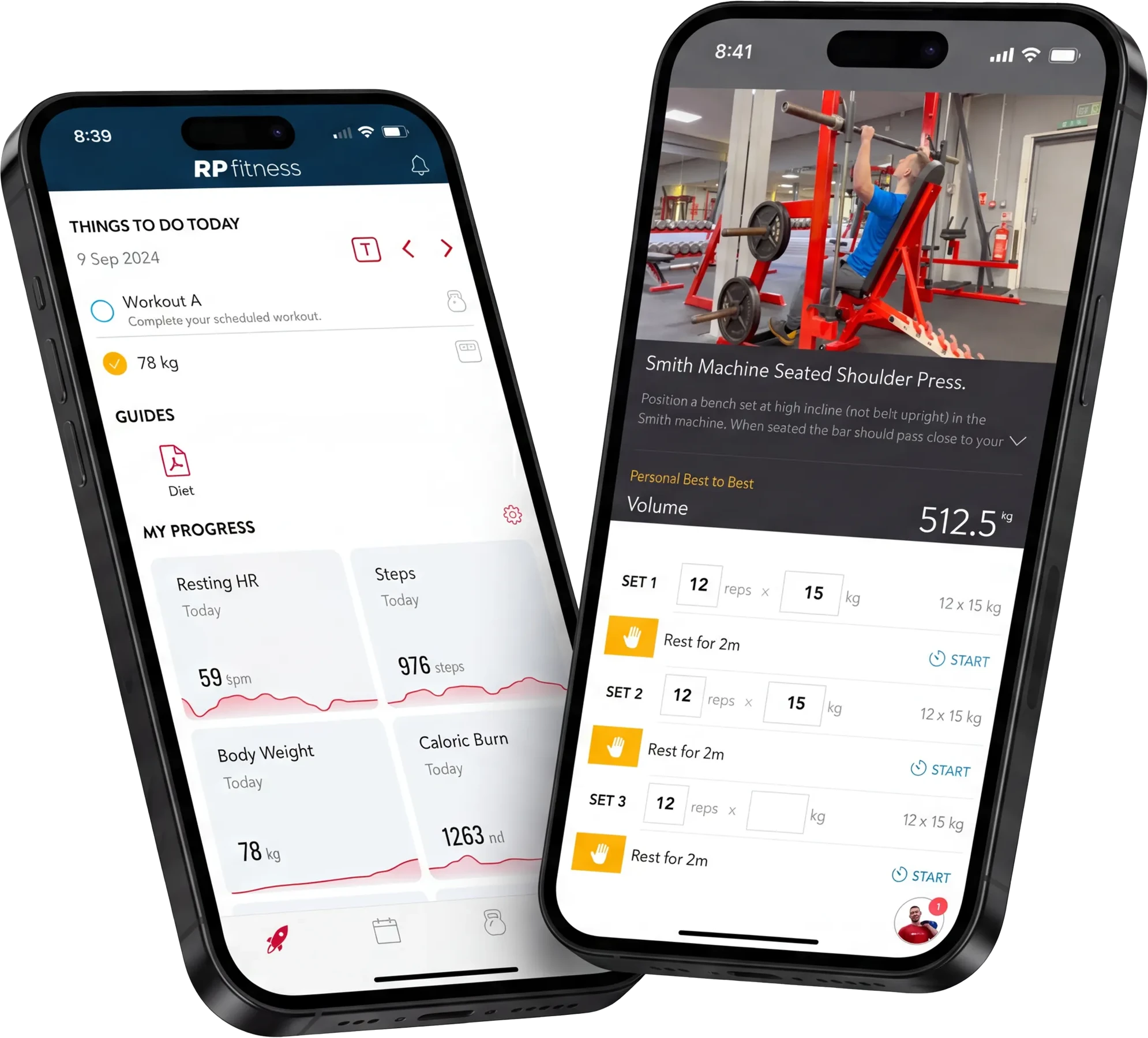 The RP Fitness Online app on two phones, showing a workout programme and progress tracking