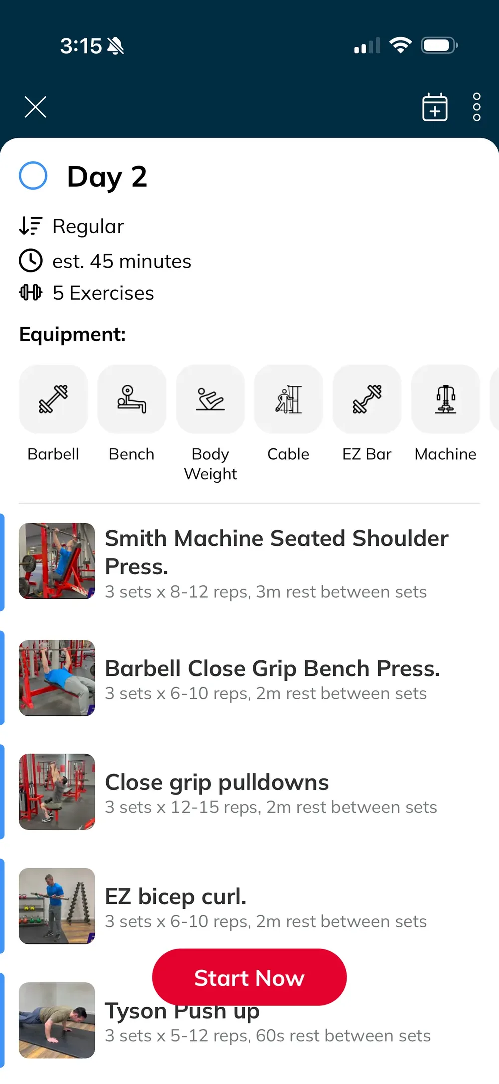 The RP Fitness Online app showing a training day: Day 2, about 45 minutes, and five exercises listed with sets, reps and rest times.
