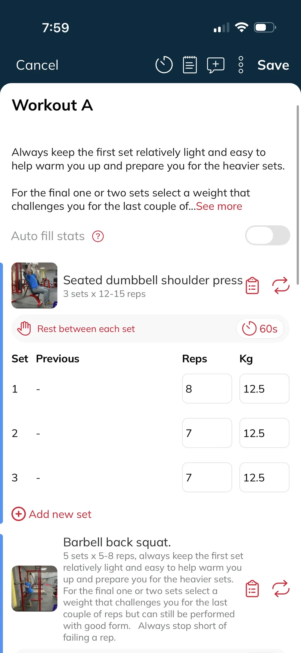 The RP Fitness Online app showing a workout with coaching notes, an exercise, sets and reps, and a set by set logging table