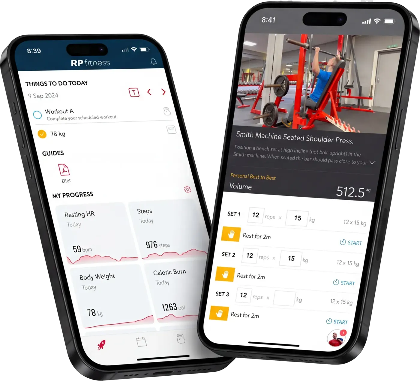The RP Fitness Online app shown on two phones, one with the day plan and progress tracking, the other with an exercise demo and sets being logged